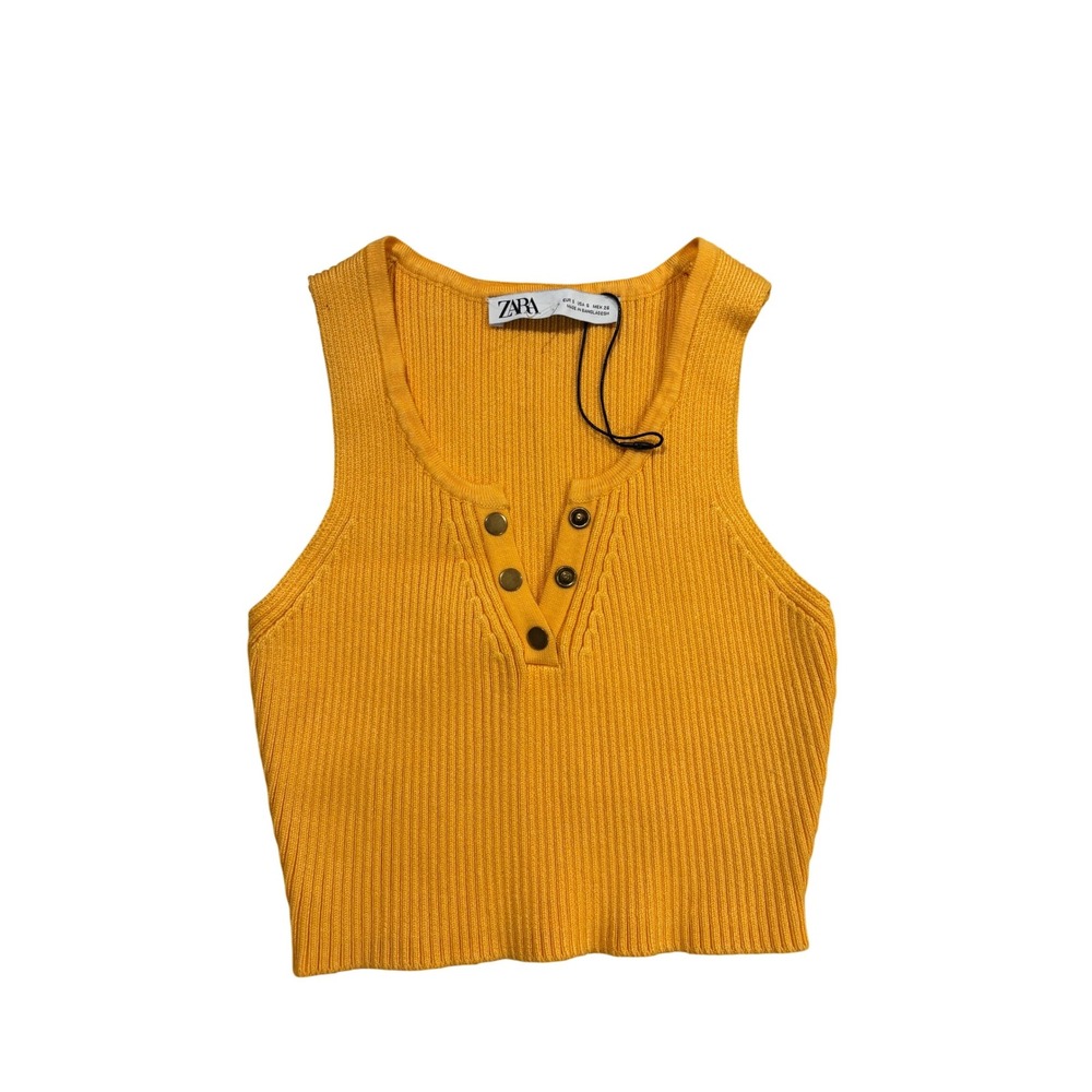 Zara NWOT Ribbed Knit‎ Tank Top Button Front Sleeveless Mustard Yellow Size S